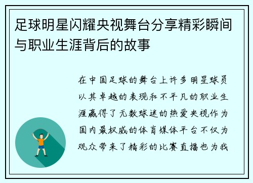 足球明星闪耀央视舞台分享精彩瞬间与职业生涯背后的故事
